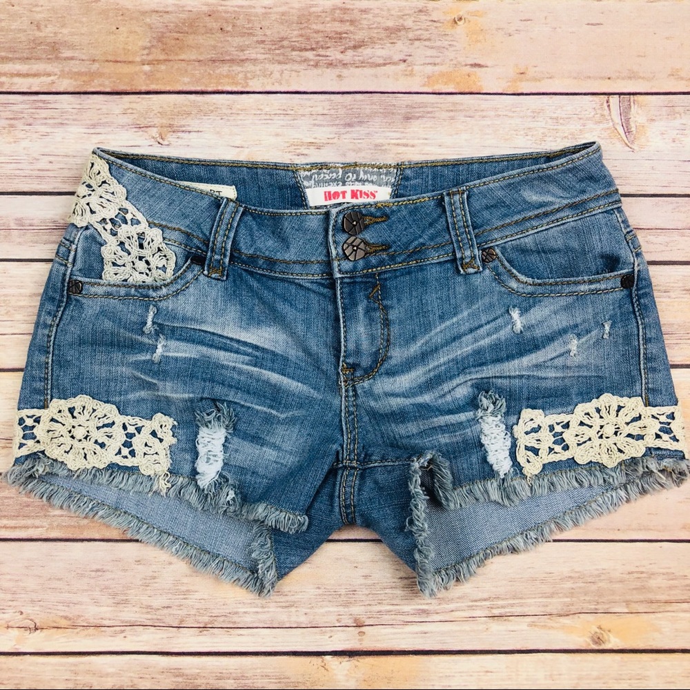 Crochet Distressed Denim Blue Cut Off Shorts